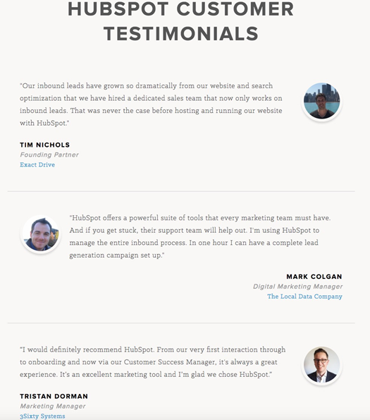 HubSpot的客戶評價頁面突出顯示了客戶積極正面的評價，給新的潛在客戶灌輸對HubSpot的信任。